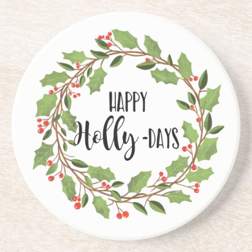 happy holly_days happy holidays holly wreath coaster