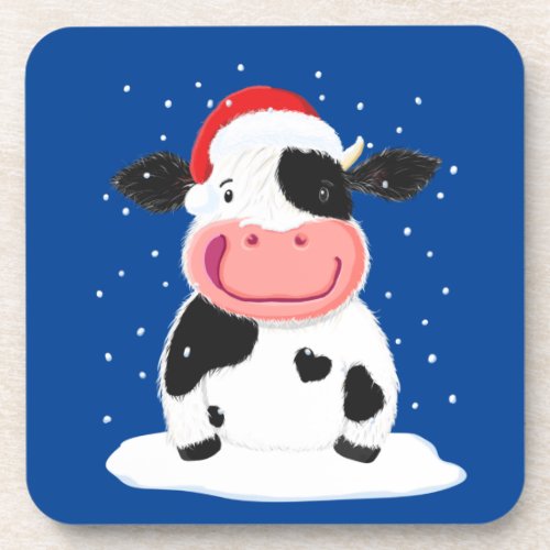 Happy Holstein Cow In The Christmas Snow Beverage Coaster