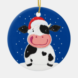 Happy Holstein Cow In The Christmas Snow Ceramic Ornament