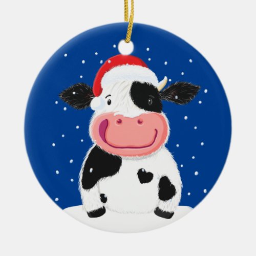 Happy Holstein Cow In The Christmas Snow Ceramic Ornament