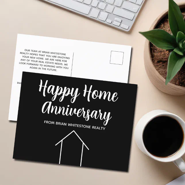 Happy Home Anniversary Black White Real Estate Postcard | Zazzle