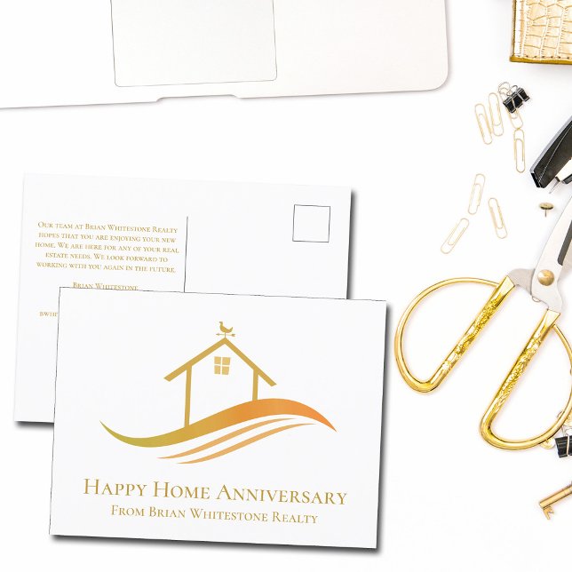 Happy Home Anniversary Chic Gold House Real Estate Postcard (Creator Uploaded)