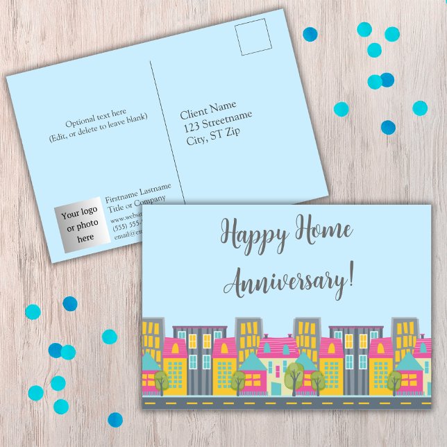 Happy Home Anniversary Realtor Postcard with photo (Happy Home Anniversary postcards for realtors. Add your photo/logo, contact information, and text.)