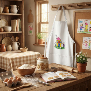 Happy Home Colorful House and Stick Figure  Adult Apron