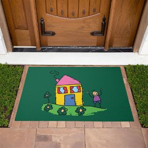 Happy Home Colorful House and Stick Figure Doormat