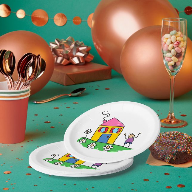 Happy Home Colorful House and Stick Figure  Paper Plates (Creator Uploaded)