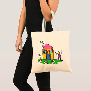 Happy Home Colorful House and Stick Figure Tote Bag
