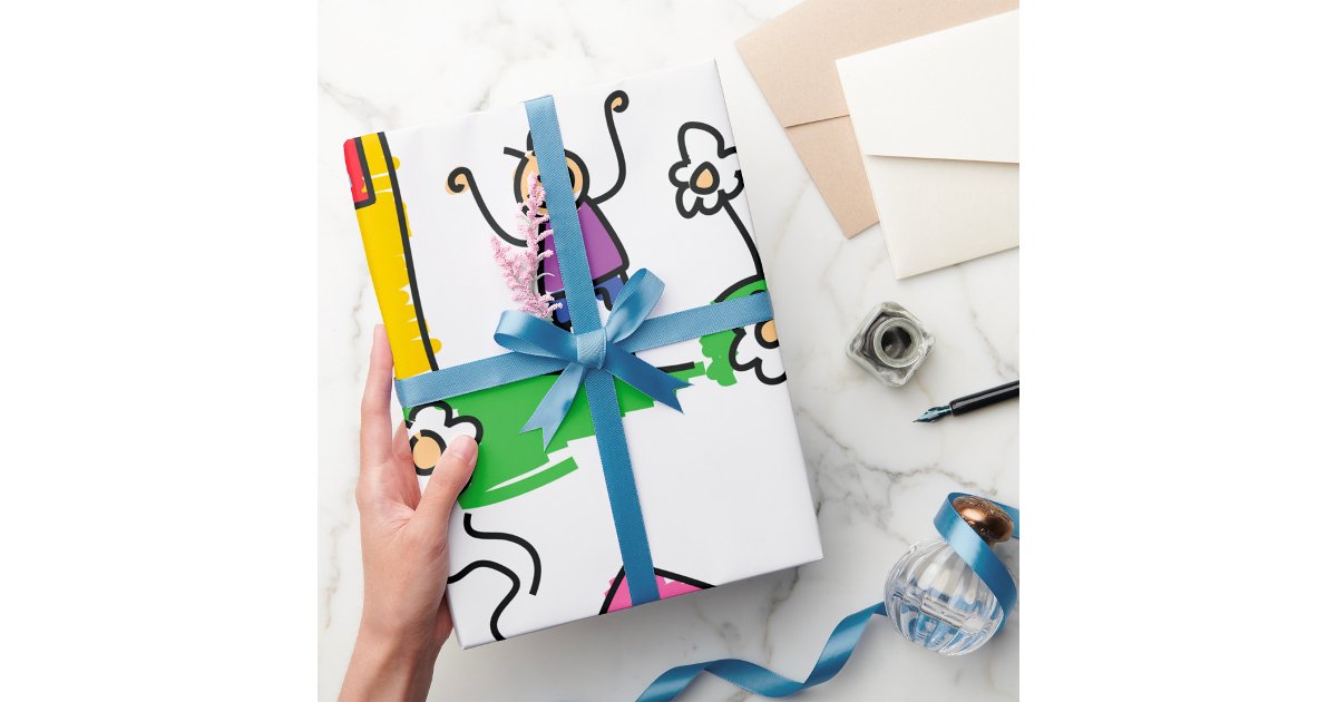 Happy Home Colorful House and Stick Figure Wrapping Paper | Zazzle