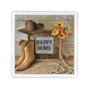 Happy Home Cowgirl Cowboy Style With Cowboy Boots Acrylic Tray