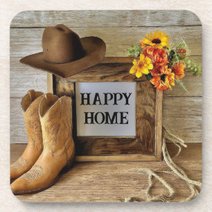 Happy Home Cowgirl Cowboy Style With Cowboy Boots Beverage Coaster