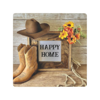 Happy Home Cowgirl Cowboy Style With Cowboy Boots Metal Print