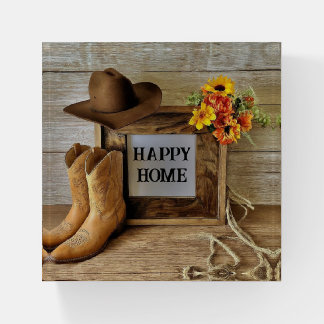 Happy Home Cowgirl Cowboy Style With Cowboy Boots Paperweight