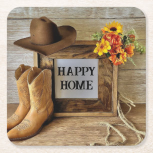 Happy Home Cowgirl Cowboy Style With Cowboy Boots Square Paper Coaster