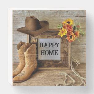 Happy Home Cowgirl Cowboy Style With Cowboy Boots Wooden Box Sign