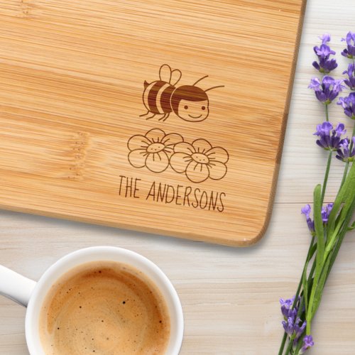 Happy Honey Bee and Flowers Family Name Cutting Board