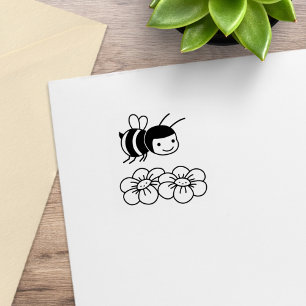 Happy Honey Bee and Flowers Rubber Stamp