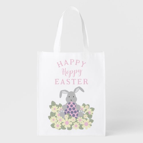 Happy Hoppy Easter Cute Bunny Floral Grocery Bag