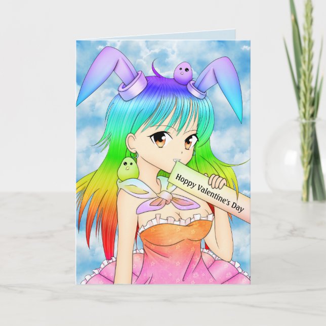Happy 'Hoppy' Valentine's Day Anime Bunny Holiday Card (Front)