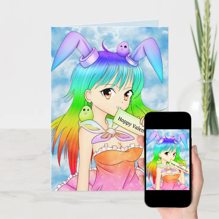 Happy 'Hoppy' Valentine's Day Anime Bunny Holiday Card | Zazzle