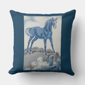 happy horse in blue throw pillow