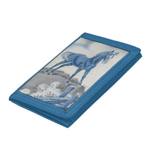 happy horse in blue tri-fold wallet