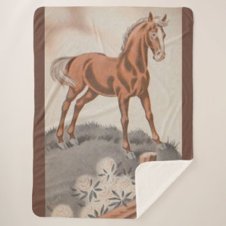 happy horse in brown sherpa blanket
