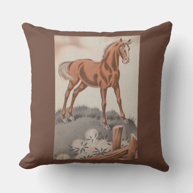 happy horse in brown throw pillow (Front)