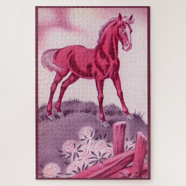 happy horse in pink jigsaw puzzle (Vertical)