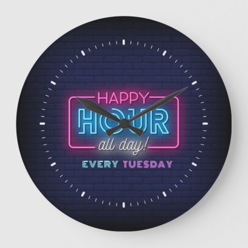 Happy Hour All Day Neon Sign Custom Text Large Clock