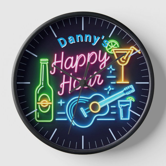 Happy Hour Bar Clock Neon Beer Custom Name Mancave (Front)