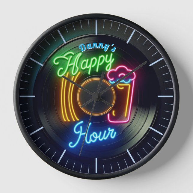 Happy Hour Bar Clock Neon Beer Custom Name Mancave (Front)