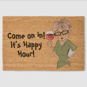 Happy Hour Cartoon Lady Drinking Wine Fiber Doormat