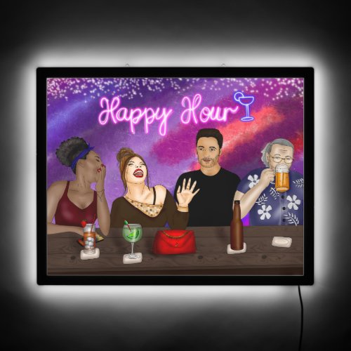 Happy Hour  Diverse People at a Bar Laughing LED Sign