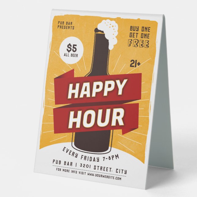 Happy Hour Drink Beer Ad Bar Table Tent (Front)