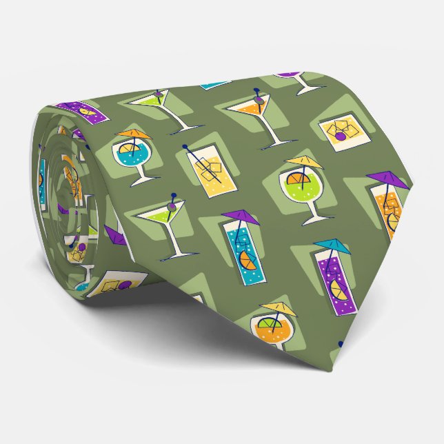 Happy Hour Fifties Cocktail Moss Green Tie (Rolled)