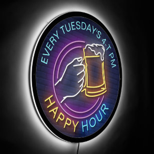 Happy Hour Neon Signs Style Text Beer Stain