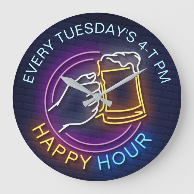 Happy Hour Neon Signs Style Text Beer Stain Large Clock (Front)
