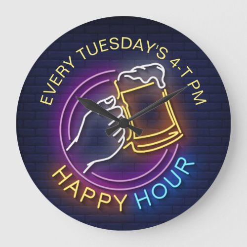 Happy Hour Neon Signs Style Text Beer Stain Large Clock