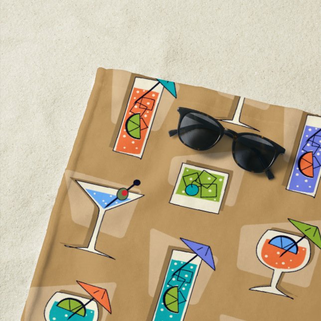Happy Hour Retro Hawaiian Tropical Drinks - Khaki Beach Towel (In Situ)