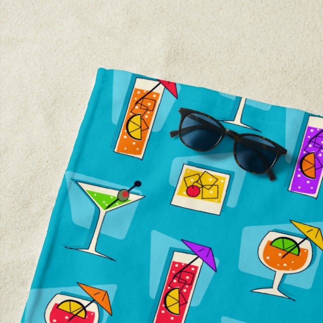 Happy Hour Retro Hawaiian Tropical Drinks -Teal Beach Towel (In Situ)