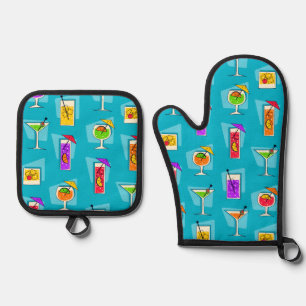 Happy Hour Retro Hawaiian Tropical Drinks Turq Oven Mitt & Pot Holder Set