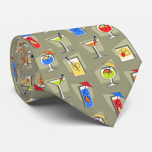 Happy Hour Retro Hawaiian Tropical Drinks Two-side Neck Tie (Rolled)