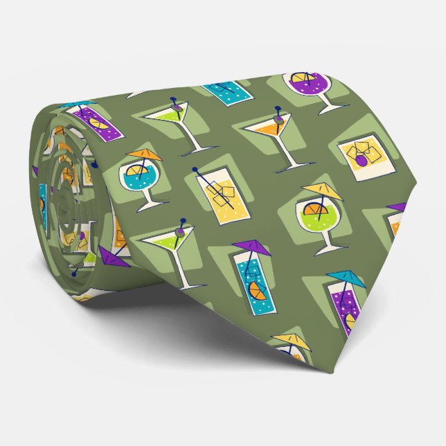 Happy Hour Retro Hawaiian Tropical Drinks Two-side Neck Tie (Rolled)