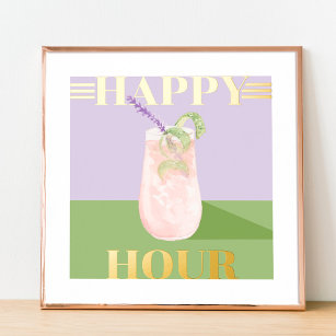 Happy Hour Retro Pink Cocktail Watercolor Art Foil Prints