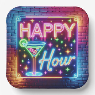 Happy Hour Sign On Rainbow Brick Paper Plates