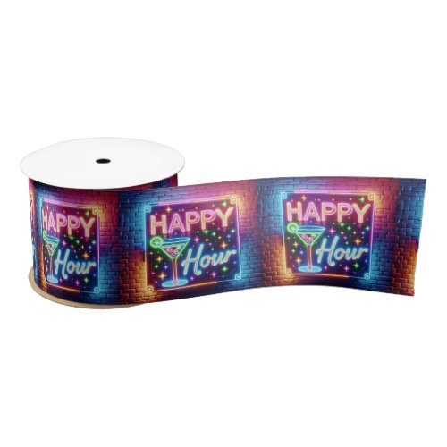 Happy Hour Sign On Rainbow Brick Satin Ribbon