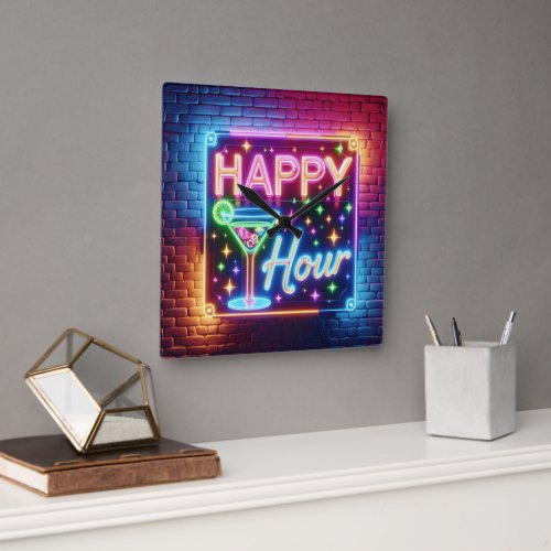 Happy Hour Sign On Rainbow Brick Square Wall Clock