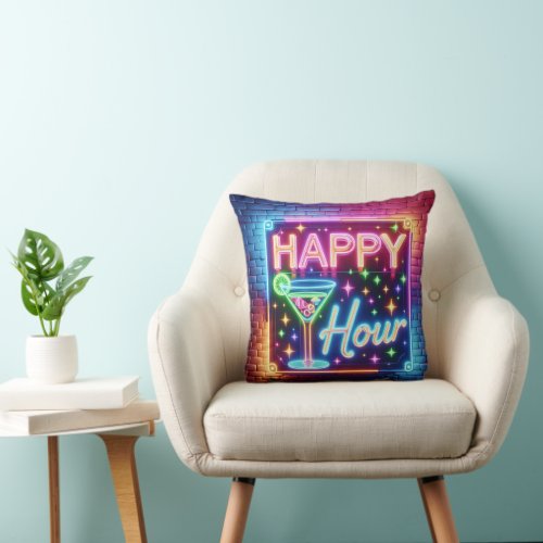 Happy Hour Sign On Rainbow Brick Throw Pillow