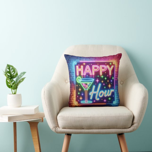 Happy Hour Sign On Rainbow Brick Throw Pillow (Chair)