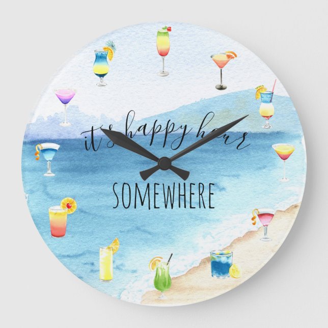 Happy Hour Somewhere Tropical Cocktail Watercolor Large Clock (Front)